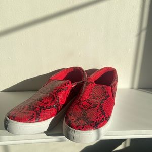 faux red snake skin slip-on sneakers